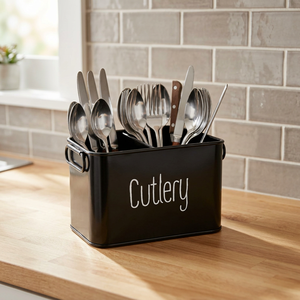 Porte-couverts rectangulaire en métal noir avec étiquette blanche pour la cuisine - Product Image 3