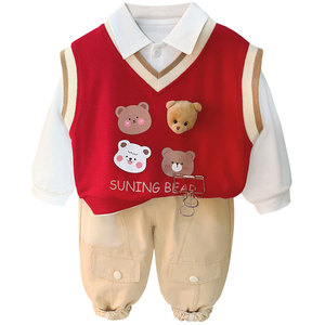 봄 가을 아기 남자아이 옷 세트 긴팔 흰색 셔츠 곰 조끼 바지 3종 세트 도매 아동복 - Product Image 6