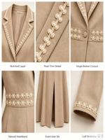 Robe Blazer Longue Élégante pour Femme, Col Cranté, Bordure Perles, Robe Manteau Midi Formelle de Bureau, Robes de Costume pour Soirées d'Affaires