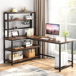 Bureau d'ordinateur en forme de L SENYU avec étagère, table de bureau en bois, étagères de rangement, poste de travail, mobilier pour la maison et l'étude - Product Image 2