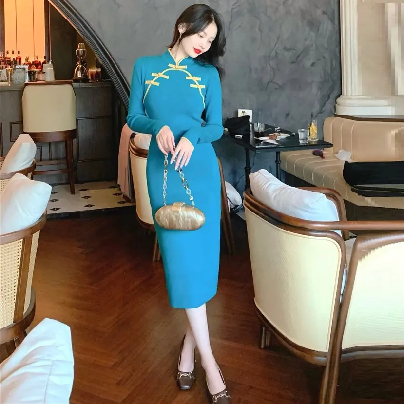 Gaun Tradisional Tiongkok Satin Wanita Biru Langit Baru 4XL Applique Payet Applique Elegan Qipao Cheongsam Oriental Antik
