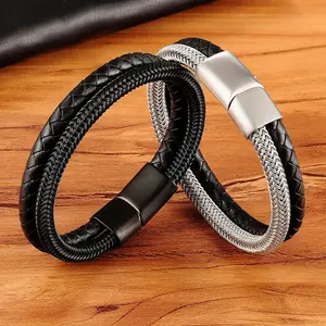 New Arrive Fashion Genuine Leather Bracelet 304L Stainless Steel Magnetic Clasp Wrap Bracelet For Men Wholesale Supplier