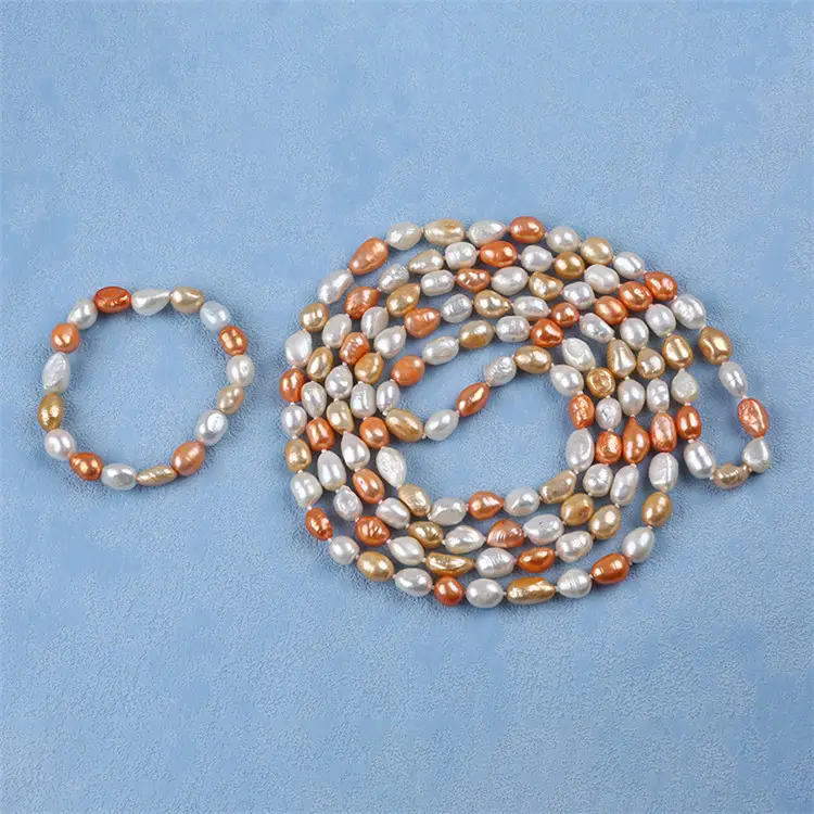 Simple Design 9-10mm Baroque Shape Mixed Color Freshwater Pearl Knotted Long Necklace Jewelry Set