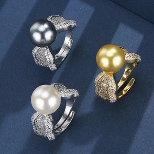 Bijoux de haute qualité, écologiques, en cuivre, perle de coquille dorée de 12 mm, plaqué or, micro-incrustation CZ, magnifique, unique, bague réglable - Product Image 5
