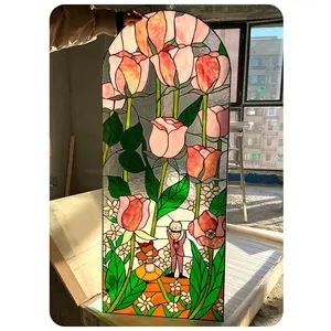Finestra in vetro colorato Tifny per la decorazione domestica inserti decorativi per finestre in vetro colorato su misura finestra in vetro colorato rosa e cane