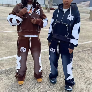 Özel aplike nakış logosu ağır % 100% pamuk fransız Terry asit yıkama çeyrek Zip kazak Flared <span class=keywords><strong>Sweatpants</strong></span> eşofman adam için - Product Image 1