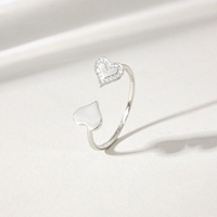 FUAMAY Vente directe d'usine, argent 925 plaqué or 18 carats/rhodium, bague ouverte à double cœur scintillante avec CZ, bijoux fins de haute qualité en gros