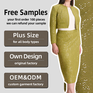 Ensemble deux pièces personnalisé pour femmes grandes tailles, veste courte élégante en sequins décontractée d'hiver de haute qualité et jupe mi-longue - Product Image 1