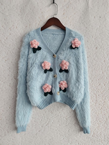 Knit <strong>Cardigan</strong> Women Fuzzy <strong>White</strong> 3D Crochet Rose V Neck Button Down Cropped Long Sleeve Soft Cozy Cute Fall Wholesale for <strong>Ladies</strong> - Product Image 5