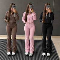 Ensemble de survêtement décontracté deux pièces en molleton avec capuche et fermeture éclair intégrale pour femme, couleur unie, anti-boulochage, collection automne, fournisseur en gros