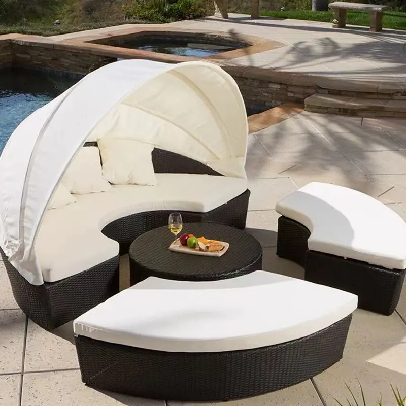 Rattan Outdoor Round Sectional Sunbed with Canopy Daybed