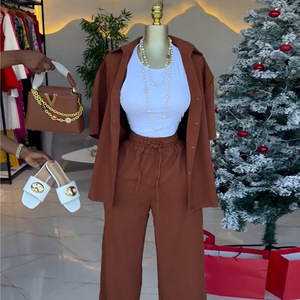 <span class=keywords><strong>Completo</strong></span> <span class=keywords><strong>Donna</strong></span> Primavera 2026 Stile Europeo-Americano: Top Senza Colletto a Maniche Corte Tinta Unita <span class=keywords><strong>e</strong></span> <span class=keywords><strong>Pantaloni</strong></span> Larghi con Lacci - Product Image 2