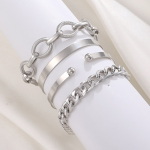Nouvel ensemble de bracelets joncs multi-couches rétro minimalistes, couleur or et <span class=keywords><strong>argent</strong></span>, motifs cœur, papillon et cercle, bracelets ouverts tendance pour femmes - Product Image 4