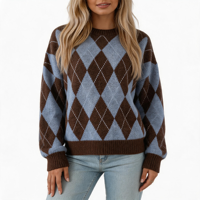 Pull-over Femme Automne Hiver Col Rond en Tricot Argyle Coupe Ample Doux Manches Longues Style Vintage Vente en Gros Usine Service OEM