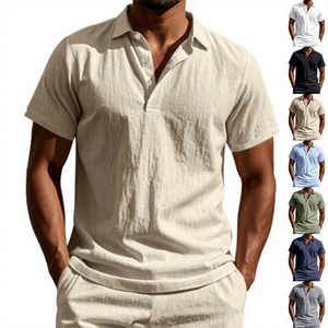 Camisa de Lino Transpirable de Estilo Británico para Hombre, de Verano, Europea y Americana, de Corte Holgado, a la Moda, de Color Liso, con Cuello Casual, para Uso Transfronterizo - Product Image 1