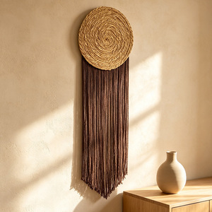 Arazzo Rotondo in Macramè di Paglia con Corda di Cotone Intrecciata e Nappe Lisce, Decorazione Murale Bohemien per Hotel e Casa - Product Image 2