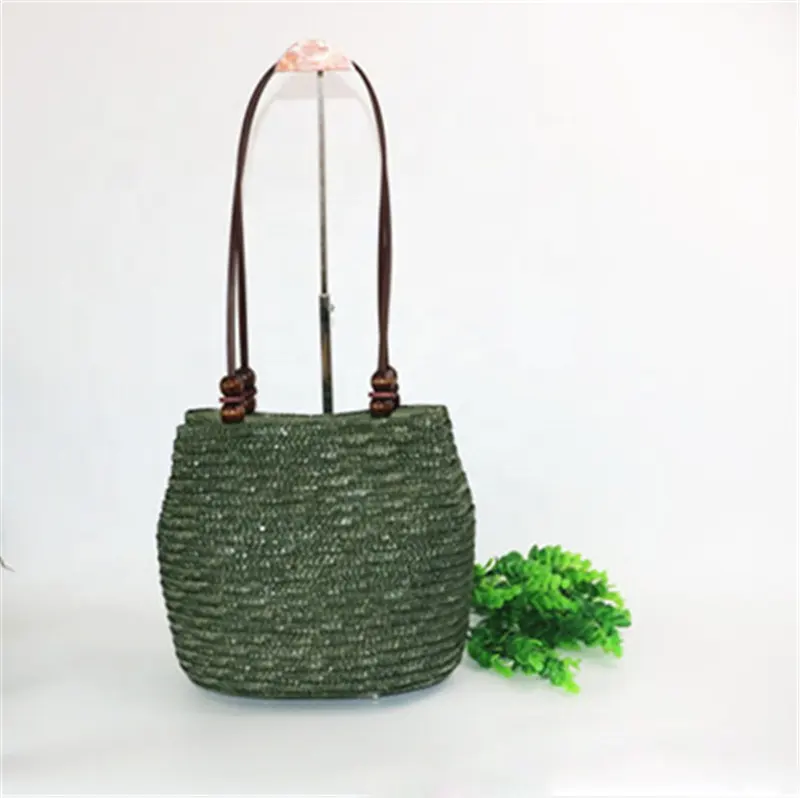 Summer fashion beach straw handbag with beading handle women natural straw woven tote bag for shopping and travelling