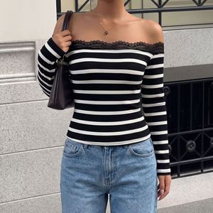Maglione da donna personalizzato a righe bianche e nere con spalle scoperte, top in <span class=keywords><strong>maglia</strong></span> a costine con finiture in <span class=keywords><strong>pizzo</strong></span>, maglione a costine con spalle scoperte floreale - Product Image 3