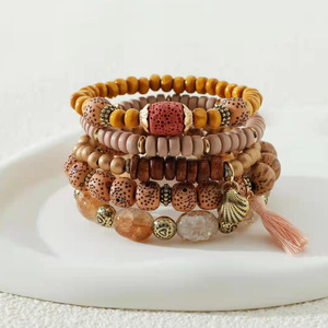 <span class=keywords><strong>DW</strong></span>-221 สร้อยข้อมือทำมือสไตล์โบฮีเมียน ประดับลูกปัดยางยืด โลหะผสม เปลือกหอย 5 ชิ้น ลูกปัดไม้ หลายชั้น - Product Image 1