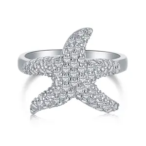 Cincin berlian bertatahkan bintang laut perak sterling s925 baru mengacu pada wanita elegan temperamen kreatif cincin mode bintang kecil