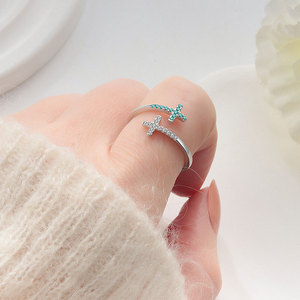 Élégante Bague Ouverte en Argent Sterling S925, Bijou Fin, Croix, Zircon Taille Ovale, Réglable, Style Européen, pour Femme, Vente en Gros pour Fêtes - Product Image 3
