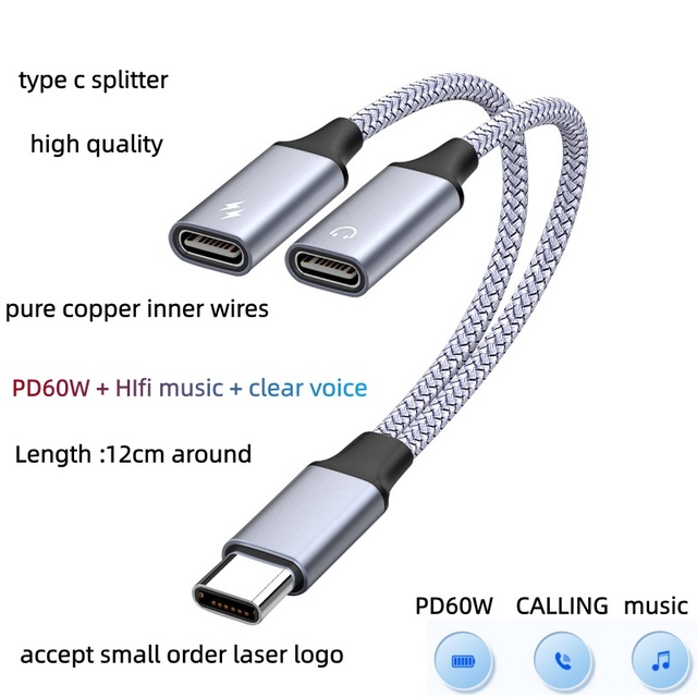 Nylon Braid 2 in 1 Splitter USB C to 3.5mm Jack Headphone Audio Adapter PD60W Charge Type-C Adapter for iphone 15 samsung
