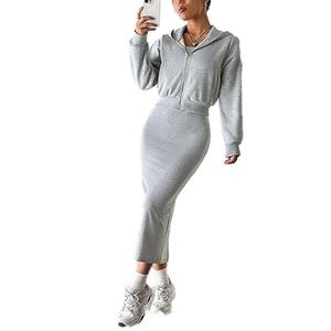 แฟชั่นมาใหม่ ชุดลำลองผู้หญิง 2 ชิ้น เสื้อฮู้ดครอปซิป และเดรสยาวทรงดินสอเข้ารูป - Product Image 4