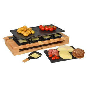 Appareil à <span class=keywords><strong>raclette</strong></span> électrique domestique en bambou 1200W avec 8 poêles à griller, demi-plaque antiadhésive, demi-plaque en pierre - Product Image 3