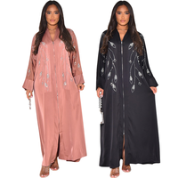 Robe Abaya à fermeture éclair respirante en polyester, motif floral imprimé avec strass thermocollés, style décontracté d'été, inspirée de la mode arabe de Dubaï 0329