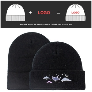 Produzione di cappelli invernali morbidi e caldi per adulti cappelli ricamati logo da donna con polsino in filo acrilico nero - Product Image 4