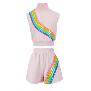 Completo da bambina <span class=keywords><strong>con</strong></span> top corto senza maniche e pantaloncini in tessuto waffle, casual, tinta unita, ecologico, per <span class=keywords><strong>la</strong></span> spiaggia - Product Image 2