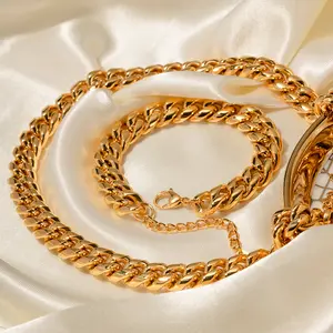 Mens Women Stainless Steel 18K Gold Thick Chunky Cuban Curb Chain Link Necklace Bracelet Bulk Mix Lot
