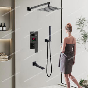 Conjunto de Ducha Oculto Giratorio con Cabezal Cuadrado de Lluvia, Pantalla de Temperatura Termostática, Acabado Negro, Válvula de Cerámica, Grifo de Baño - Product Image 1