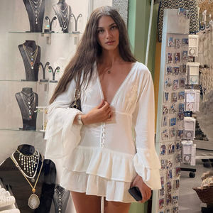 Women's Boho Embroidered Flare Sleeve Mini Dress, Deep V-Neck Tiered Ruffle Hem Dress for Beach & Vacation - Product Image 3