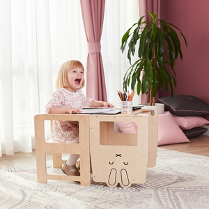 Bonito conejo torre de aprendizaje plegable Montessori madera Natural torre de aprendizaje niño torre de aprendizaje convertible Mesa silla conjunto - Product Image 4