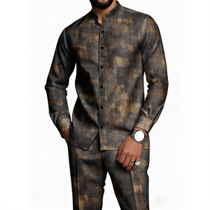 Costume décontracté pour <span class=keywords><strong>homme</strong></span> de <span class=keywords><strong>style</strong></span> rétro tie-dye, <span class=keywords><strong>chemise</strong></span> à col montant à manches longues <span class=keywords><strong>et</strong></span> <span class=keywords><strong>pantalon</strong></span> de <span class=keywords><strong>style</strong></span> ethnique, ensemble 2 pièces ODM - Product Image 1