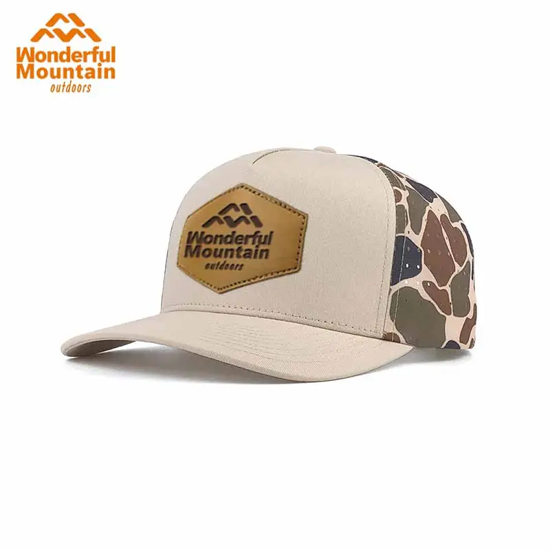 Venda quente de couro de alta qualidade remendo de borracha logotipo personalizado a laser buracos painel 5 camo chapéu chapéu de golfe boné de beisebol chapéu esportes