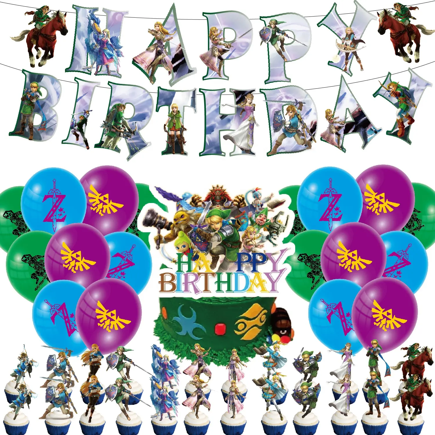 Zelda thème fête d'anniversaire ensemble drapeau tirant ballon bannière gâteau Topper film fête d'anniversaire décorations ensemble pour les enfants