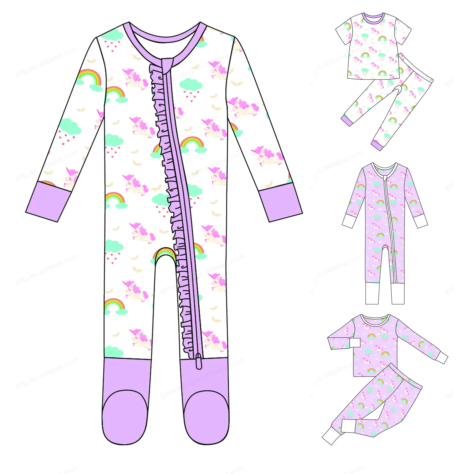 Muestra gratis de ropa de dormir de bambú impresa personalizada bebé ajustado unicornio Convertible Footie pijamas de bambú bebé mameluco Niña