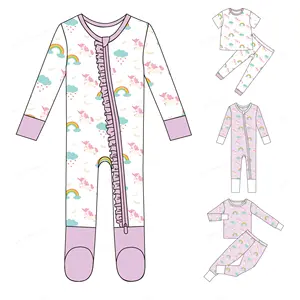 Échantillon gratuit Vêtements de nuit en bambou imprimés sur mesure pour bébé Pyjamas à pieds convertibles licorne ajustée Barboteuse pour bébé fille en bambou