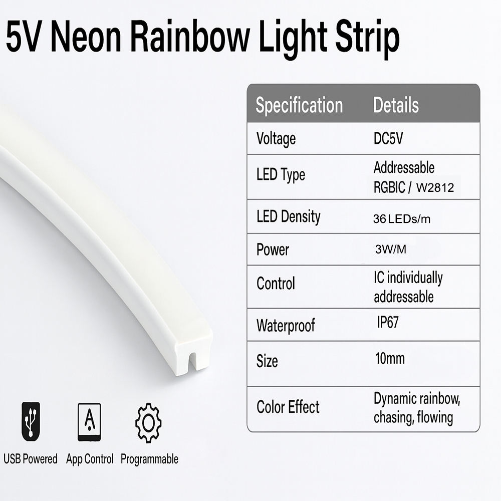 Rgb Magic 5m Smart Strip Led Neon Light Strings Ip67 Rated Cuttable for Dc 5v Input for Decorations