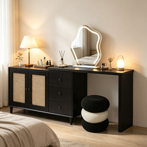 Modern Black Makeup <b>Vanity</b> With Rattan Cabinet Drawers Lighted <b>Mirror</b> And Stool Bedroom <b>Dressing</b> <b>Table</b> - Product Image 4