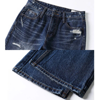 Jean Homme 100% Coton Vintage Taille Haute Coupe Bootcut Déchiré à Rivets Classique Bleu Foncé Délavé Effet Usé Ample Structuré Épais