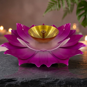 Lotus Shaped Brass Diya Pink Floral Oil <b>Lamp</b> For Pooja Aarti Temple Prayer And Festive Home Decor 15 Cm Width - Product Image 4