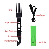 Ensemble de couverts de camping portables avec couteau à fourchette à sifflet d'urgence Paracord Survival Multitool