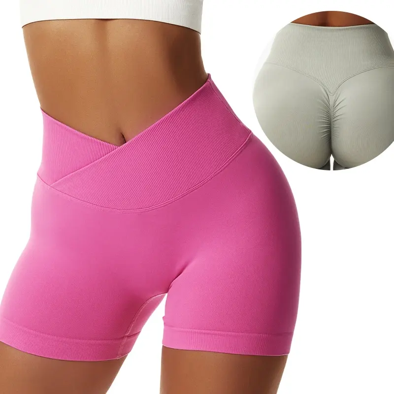 Plus Size XXL US-Größe Nahtlose High Taille V-Schnitt Kreuz Taille Scrunch Butt Ribbed Bike Shorts Damen Jogging Workout Shorts