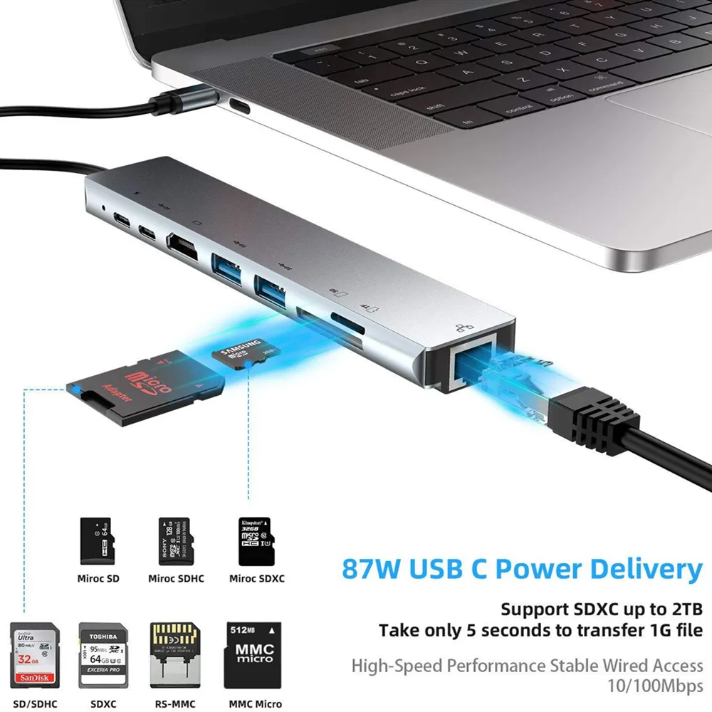 HUB USB 8-en-1 avec stockage sur disque PD100W USB C vers HD compatible M.2 SSD HUB Dock Station pour Macbook Pro Air M1 M2