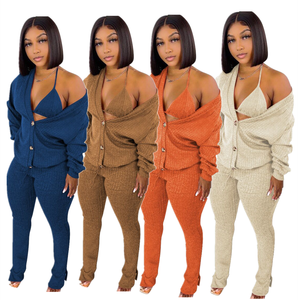 Của phụ nữ giản dị 3-mảnh thiết lập dệt kim Cardigan và quần dài bao gồm áo ngực và quần phù hợp với thiết kế - Product Image 2