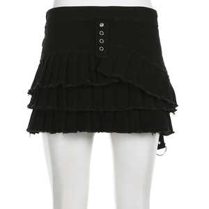 Y2K Gothic Black Tiered Ruffle Mini Skirt, Lace Up Eyelet Detail Pleated Skirt, Y2K Punk Streetwear Denim Skirt for Women - Product Image 3