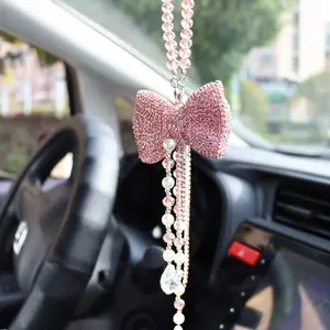 Creatieve Diamant Strik Auto Hanger Schattige Kristallen Kwastjes Ketting Achteruitkijkspiegel Ornament Parel Strass Auto Accessoires Vrouwen